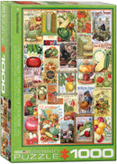 Eurographics Jigsaw Puzzle featuring a colorful collection of vintage vegetable seed catalog covers. The design showcases various illustrations of fruits and vegetables along with historical seed company branding. Perfect for puzzle enthusiasts and gardening lovers, this 1000-piece puzzle offers a charming and nostalgic visual experience.