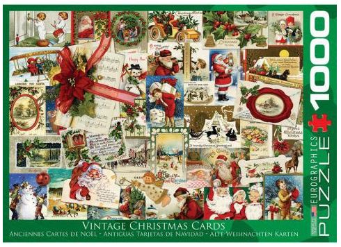A colorful jigsaw puzzle featuring a collage of vintage Christmas card designs, showcasing Santa Claus, festive decorations, and joyful holiday scenes. The puzzle contains 1000 pieces and is presented in a vibrant green box with a red ribbon graphic. The artwork includes nostalgic illustrations of Christmas cheer, making it a delightful activity for the holiday season.