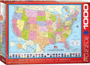A close-up view of the Eurographics jigsaw puzzle featuring a colorful map of the United States. The puzzle showcases renowned landmarks, states, and borders, accompanied by geographic details and the title 'Map of the United States of America' in multiple languages. The box includes markings indicating it is a 1000-piece puzzle, ideal for geography enthusiasts and puzzle lovers.