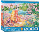 The Haru No Uta jigsaw puzzle by Eurographics features a serene Asian landscape scene with a woman in a traditional kimono surrounded by cherry blossoms and a tranquil pond. The vibrant colors and intricate details make it an engaging 2000-piece puzzle that captures the beauty of nature and culture.