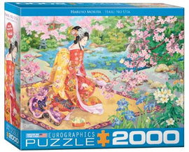 The Haru No Uta jigsaw puzzle by Eurographics features a serene Asian landscape scene with a woman in a traditional kimono surrounded by cherry blossoms and a tranquil pond. The vibrant colors and intricate details make it an engaging 2000-piece puzzle that captures the beauty of nature and culture.