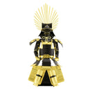 Metal Earth Japanese Armor DIY kit featuring a detailed metallic samurai figure. The model showcases intricate design with gold and black accents, emphasizing traditional Japanese armor styling. Perfect for craftsmen and collectors, the kit offers a unique building experience.