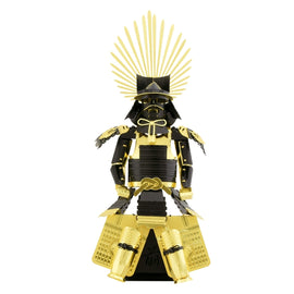 Metal Earth Japanese Armor DIY kit featuring a detailed metallic samurai figure. The model showcases intricate design with gold and black accents, emphasizing traditional Japanese armor styling. Perfect for craftsmen and collectors, the kit offers a unique building experience.