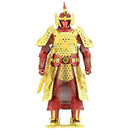 Metal Earth DIY kit featuring an intricately detailed model of Chinese armor. This 3D metal model showcases a heroic figure adorned in vibrant red and gold finish, featuring intricate cut-outs and patterns, perfect for collectors and enthusiasts.