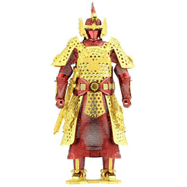 Metal Earth DIY kit featuring an intricately detailed model of Chinese armor. This 3D metal model showcases a heroic figure adorned in vibrant red and gold finish, featuring intricate cut-outs and patterns, perfect for collectors and enthusiasts.