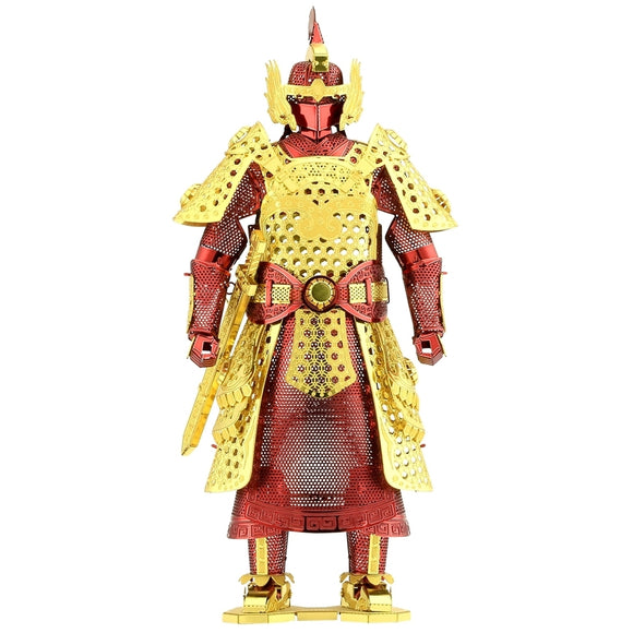 Metal Earth DIY kit featuring an intricately detailed model of Chinese armor. This 3D metal model showcases a heroic figure adorned in vibrant red and gold finish, featuring intricate cut-outs and patterns, perfect for collectors and enthusiasts.