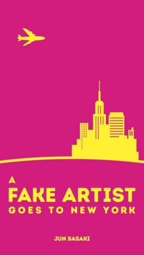 Cover of the game 'A Fake Artist Goes to New York' by OINK GAMES. The cover features a bright pink background with a yellow silhouette of the New York City skyline, including the Empire State Building, and an airplane flying above. The title is prominently displayed in bold lettering.