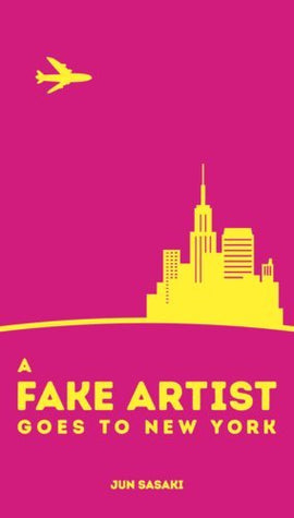 Cover of the game 'A Fake Artist Goes to New York' by OINK GAMES. The cover features a bright pink background with a yellow silhouette of the New York City skyline, including the Empire State Building, and an airplane flying above. The title is prominently displayed in bold lettering.