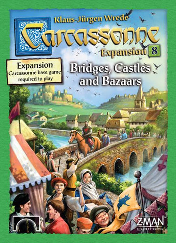 Carcassonne: Expansion 8 - Bridges, Castles and Bazaars. The box features colorful artwork depicting a medieval landscape with a bridge, castles, and characters engaging in activities like trading in bazaars. The title and details about the expansion and base game requirement are prominently displayed.
