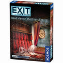 Exit: Dead Man on the Orient Express game box featuring a rich red interior reminiscent of a train carriage, with a glass resting on a table. The box is adorned with the game's title, indicating it is a thrilling escape room experience designed for players of novice to expert levels.