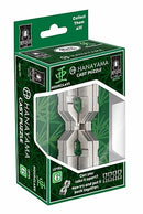 The Hanayama Cast Hourglass is a challenging mechanical puzzle featuring an intricate design. It is packaged in a vibrant green box with a clear window showcasing the puzzle pieces. The packaging highlights the puzzle's level (6) and encourages users to disassemble and reassemble the unique hourglass shape.