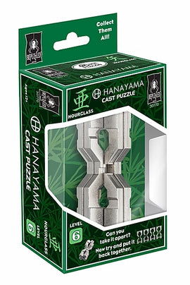 The Hanayama Cast Hourglass is a challenging mechanical puzzle featuring an intricate design. It is packaged in a vibrant green box with a clear window showcasing the puzzle pieces. The packaging highlights the puzzle's level (6) and encourages users to disassemble and reassemble the unique hourglass shape.