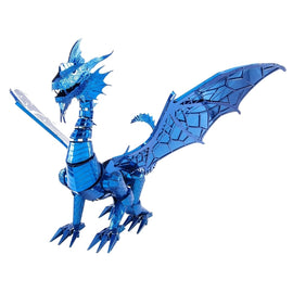 The ICONX Blue Dragon by Fascinations, a stunning 3D DIY metal model kit featuring intricate detailing. The vibrant blue dragon is posed dynamically, showcasing its majestic wings, fierce face, and shiny metallic finish, ideal for crafting enthusiasts looking to create a striking display piece.
