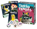 Trash Pandas card game by Gamewright, featuring a vibrant box design with a cartoon raccoon sitting in a trash can surrounded by playful game components including whimsical cards like 'Nanners' and 'Blammo!', dice and tokens, suitable for 2-4 players aged 8 and up.