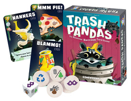 Trash Pandas card game by Gamewright, featuring a vibrant box design with a cartoon raccoon sitting in a trash can surrounded by playful game components including whimsical cards like 'Nanners' and 'Blammo!', dice and tokens, suitable for 2-4 players aged 8 and up.