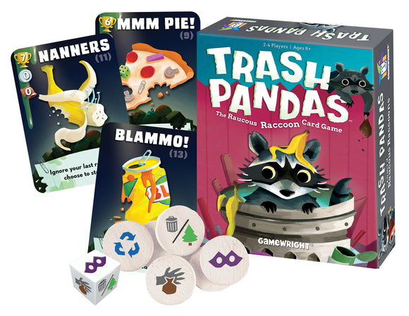 Trash Pandas card game by Gamewright, featuring a vibrant box design with a cartoon raccoon sitting in a trash can surrounded by playful game components including whimsical cards like 'Nanners' and 'Blammo!', dice and tokens, suitable for 2-4 players aged 8 and up.