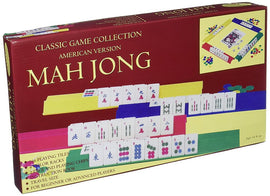 Mah Jongg American Travel game by John N. Hansen Co. Inc. The box showcases a colorful design featuring the game's tiles, color racks, and instruction book. Ideal for travel, suitable for beginners and advanced players, ages 14 and up.