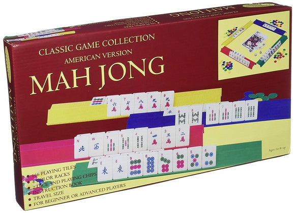 Mah Jongg American Travel game by John N. Hansen Co. Inc. The box showcases a colorful design featuring the game's tiles, color racks, and instruction book. Ideal for travel, suitable for beginners and advanced players, ages 14 and up.
