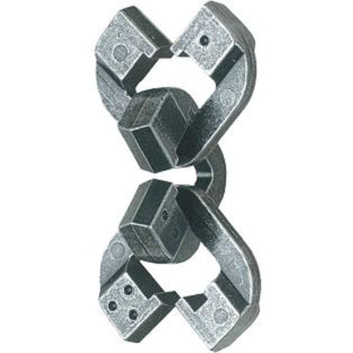 A close-up image of the Hanayama Cast Chain mechanical puzzle. The puzzle features interconnected metal pieces with unique shapes, crafted from durable materials. It presents a challenging yet rewarding experience for puzzle enthusiasts, showcasing intricate designs and an elegant metallic finish.