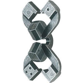 A close-up image of the Hanayama Cast Chain mechanical puzzle. The puzzle features interconnected metal pieces with unique shapes, crafted from durable materials. It presents a challenging yet rewarding experience for puzzle enthusiasts, showcasing intricate designs and an elegant metallic finish.