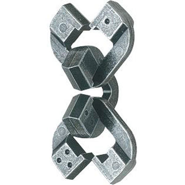 A close-up image of the Hanayama Cast Chain mechanical puzzle. The puzzle features interconnected metal pieces with unique shapes, crafted from durable materials. It presents a challenging yet rewarding experience for puzzle enthusiasts, showcasing intricate designs and an elegant metallic finish.