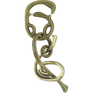 The Cast Enigma mechanical puzzle by Hanayama features intricately intertwined metal pieces with a vintage bronze finish. The puzzle showcases a complex design with loops and curves, inviting users to explore its challenge.