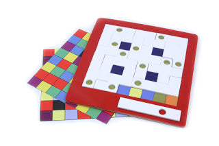 Pent-Up Logic Puzzle by Sue & Louis Toorenburg features a colorful mechanical puzzle board with various sliding tiles. The set includes multiple challenge cards showing different configurations to solve, stimulating critical thinking and problem-solving skills.