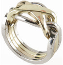 A beautifully crafted Cast Ring by Hanayama, featuring an intricate interlocking design. The ring has a shiny metallic finish with intertwined golden and silver-colored segments, showcasing exceptional craftsmanship and engineering. Perfect for puzzle enthusiasts, this mechanical puzzle offers a challenging yet rewarding experience as users figure out how to disassemble and reassemble the intricately linked pieces.