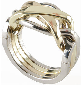 A beautifully crafted Cast Ring by Hanayama, featuring an intricate interlocking design. The ring has a shiny metallic finish with intertwined golden and silver-colored segments, showcasing exceptional craftsmanship and engineering. Perfect for puzzle enthusiasts, this mechanical puzzle offers a challenging yet rewarding experience as users figure out how to disassemble and reassemble the intricately linked pieces.