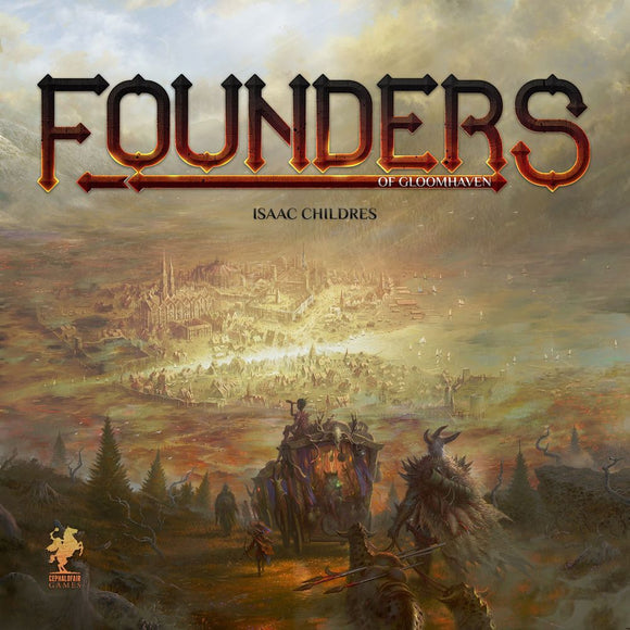 The cover art of the board game 'Founders of Gloomhaven' by Cephalofair Games, featuring a mystical landscape with a sprawling city in the background, characters on horseback, and dramatic lighting. The title 'Founders' and the name 'Isaac Childres' are prominently displayed at the top.
