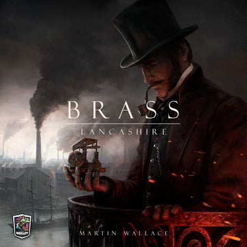 A man in a top hat and Victorian attire holds a miniature steam engine in front of a smog-filled cityscape featuring tall chimneys and factories. The artwork depicts the industrial era, showcasing the intricacies of the Brass: Lancashire game by Roxley Games.