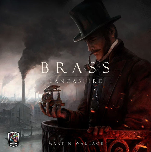 A man in a top hat and Victorian attire holds a miniature steam engine in front of a smog-filled cityscape featuring tall chimneys and factories. The artwork depicts the industrial era, showcasing the intricacies of the Brass: Lancashire game by Roxley Games.