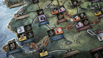 A detailed game board for 'Brass: Lancashire' by Roxley Games, featuring a vibrant map with towns, waterways, and industry icons. The board displays locations like Liverpool, Wigan, and Manchester, with different colored pieces representing various elements of gameplay, set against a scenic background.