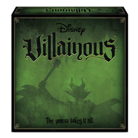 The box cover of the Disney Villainous board game by Ravensburger. The design features a dark green background with the word 'Villainous' prominently displayed in an ornate font. A shadowy silhouette of a villain character is visible, enhancing the game's theme of notorious Disney villains. The tagline 'The worst takes it all' is printed at the bottom, emphasizing the competitive nature of the game.