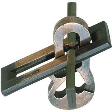 A detailed view of the Hanayama Cast Violon mechanical puzzle, showcasing its intricate metal design featuring two interlocking pieces shaped like a violin and its bow. The puzzle's sleek, metallic finish reflects light, emphasizing its engineering and craftsmanship, making it an ideal challenge for puzzle enthusiasts.