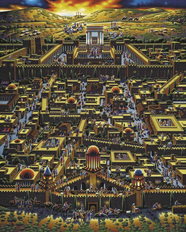 A vibrant 6x9 jigsaw puzzle depicting a detailed artistic rendering of ancient Jerusalem, showcasing its bustling streets, historical architecture, and populated scenes with people in traditional attire. The artwork features bright colors, with emphasis on the golden walls and domes, set against a dramatic sky.