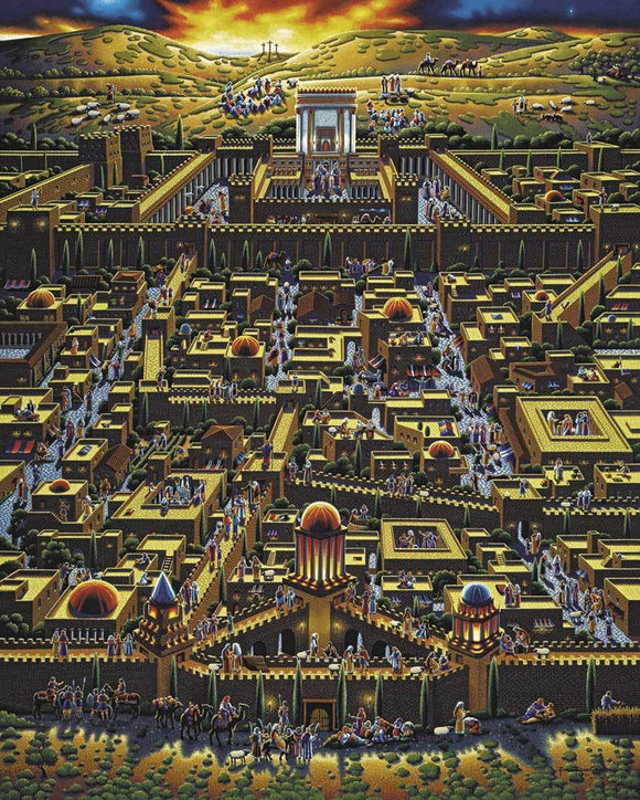 A vibrant 6x9 jigsaw puzzle depicting a detailed artistic rendering of ancient Jerusalem, showcasing its bustling streets, historical architecture, and populated scenes with people in traditional attire. The artwork features bright colors, with emphasis on the golden walls and domes, set against a dramatic sky.
