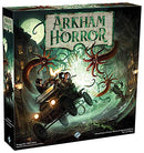 The box of Arkham Horror (Third Edition) game by Fantasy Flight Games. The artwork features an eerie scene with characters in a vintage car, pursued by monstrous tentacles in a dark, ominous cityscape. The title 'Arkham Horror' is prominently displayed at the top in a vintage-type font, surrounded by fog and a sense of supernatural dread.