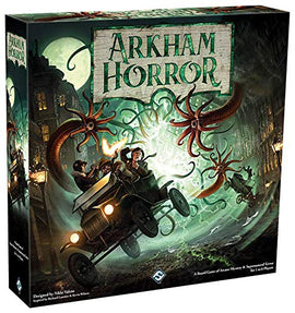 The box of Arkham Horror (Third Edition) game by Fantasy Flight Games. The artwork features an eerie scene with characters in a vintage car, pursued by monstrous tentacles in a dark, ominous cityscape. The title 'Arkham Horror' is prominently displayed at the top in a vintage-type font, surrounded by fog and a sense of supernatural dread.