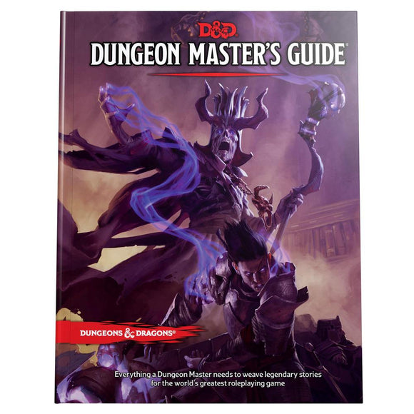 The cover of 'D&D: Dungeon Master's Guide', a book by Wizards of the Coast featuring a dark and mystical artwork. It shows an imposing figure with swirling blue magic alongside a warrior ready for battle. The title is prominently displayed at the top.