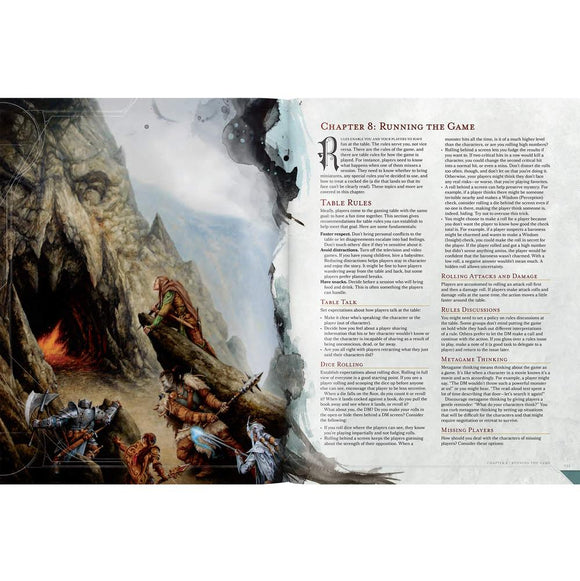The interior pages of the D&D: Dungeon Master's Guide, showcasing Chapter 8 titled 'Running the Game'. Illustrated with a mystical mountain scene and featuring a variety of rules including table rules, table talk, dice rolling, and resolutions for game mechanics. The text is printed alongside colorful artwork depicting adventurers preparing for a quest in front of a cave entrance.