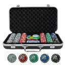 BLK Aluminum Poker Set 300 by Wood Expressions. The set includes various colorful poker chips, playing cards, and dealer buttons, all neatly organized in a stylish black aluminum carrying case with a cushioned interior.