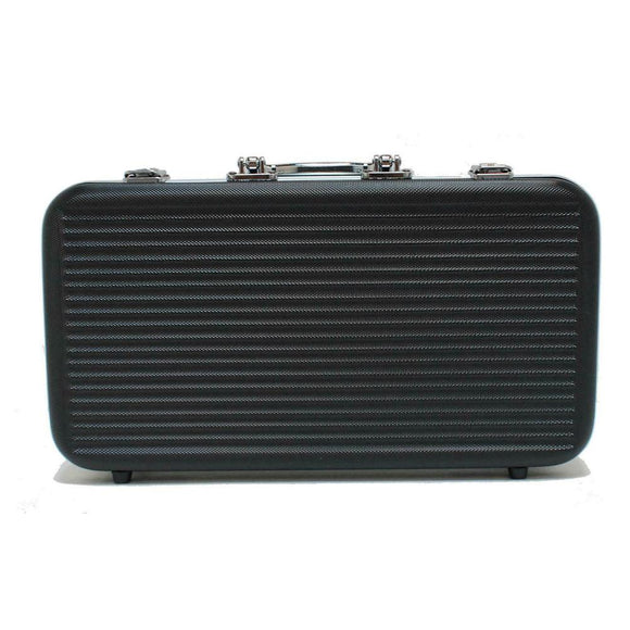 BLK Aluminum Poker Set 300 by Wood Expressions, featuring a sleek black case with a textured finish. Ideal for game nights, this set includes everything needed for poker enthusiasts.