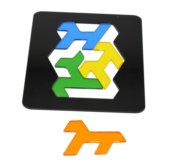 The Horse Squeeze by Eureka Puzzles features colorful, interlocking mechanical puzzle pieces in the shape of horses. The pieces are shown in blue, green, yellow, and orange, with a black base holding the design. This engaging puzzle encourages problem-solving skills and creativity.