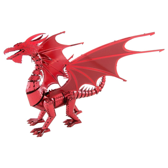 A striking red dragon model from ICONX by Fascinations. The detailed design features intricate scales, majestic wings, and a fierce expression, making it an eye-catching DIY kit.