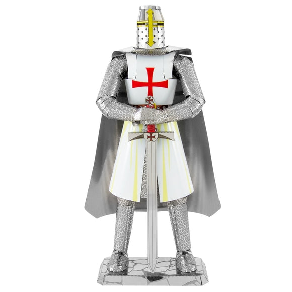 ICONX: Templar Knight DIY kit by Fascinations showcasing a detailed metallic model of a medieval knight wearing armor adorned with a red cross, helding a sword, and standing on a base.