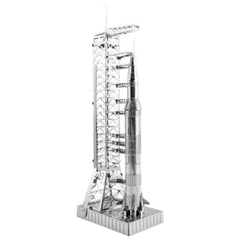 A detailed metal model of the Apollo Saturn V rocket standing on a launch pad. The model showcases intricate features and a polished metallic finish, demonstrating the complexity of the NASA spacecraft. Ideal for space enthusiasts and DIY model builders.