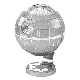 A detailed metal model of the Death Star from Star Wars, crafted from precision-cut metal sheets. The model features intricate engravings and is displayed on a circular base. Ideal for DIY enthusiasts and Star Wars fans alike.