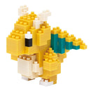 A detailed Nanoblock DIY kit showcasing a colorful Dragonite figure made from vibrant interlocking blocks. The Dragonite features yellow and teal accents, with distinct wings, eyes, and a playful expression, perfect for building enthusiasts and Pokémon fans alike.