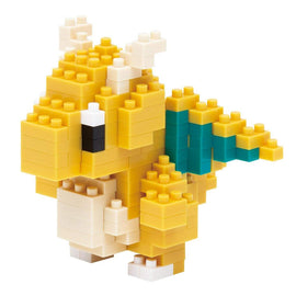 A detailed Nanoblock DIY kit showcasing a colorful Dragonite figure made from vibrant interlocking blocks. The Dragonite features yellow and teal accents, with distinct wings, eyes, and a playful expression, perfect for building enthusiasts and Pokémon fans alike.